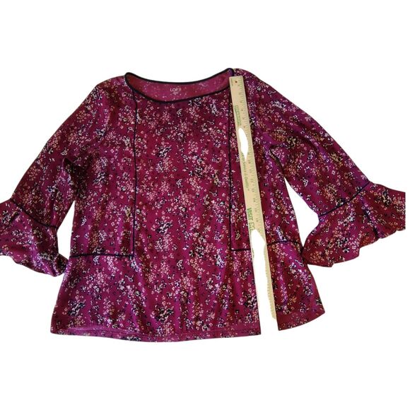 Loft Floral Burgundy Color Tunic Blouse 3/4 Bell Sleeve Round Neckline Size M - Picture 6 of 7